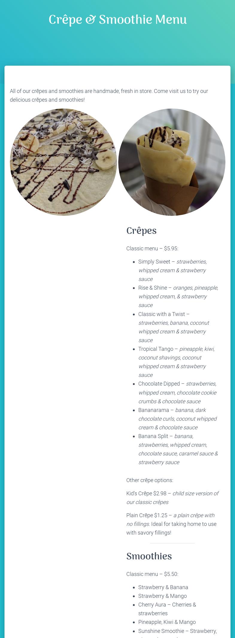 Fruitful Specialty Shop Menu