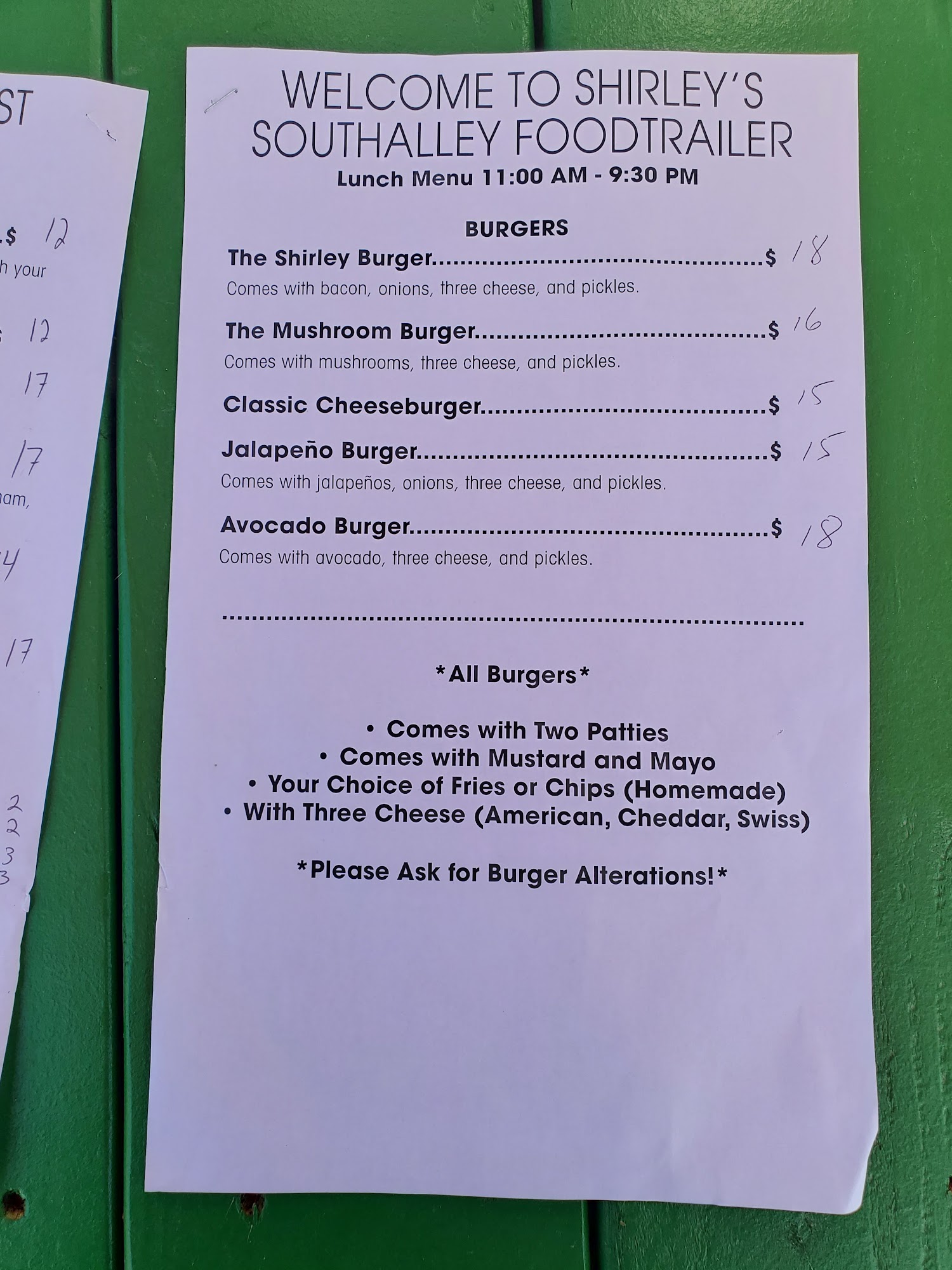 Shirley's Southalley Foodtrailer Menu