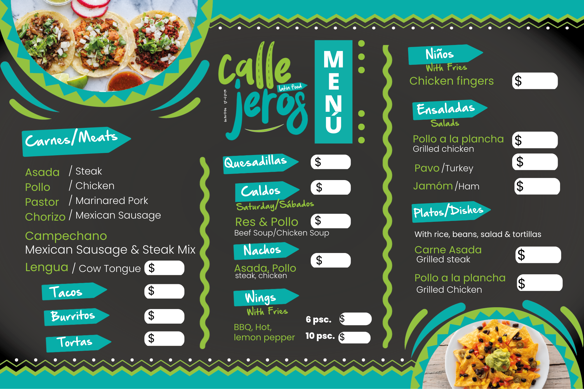 Callejeros Latin Food Menu