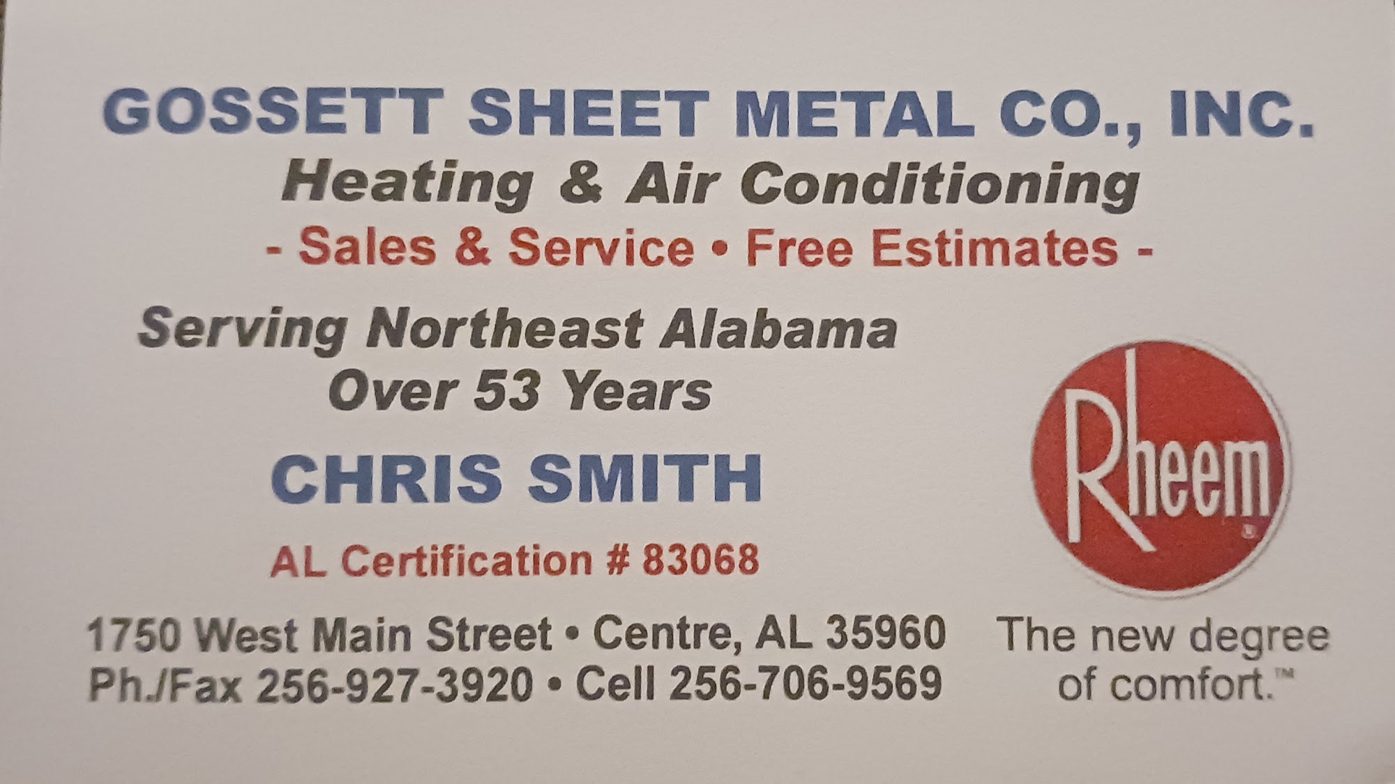 Gossett Sheet Metal 1750 W Main St, Centre Alabama 35960