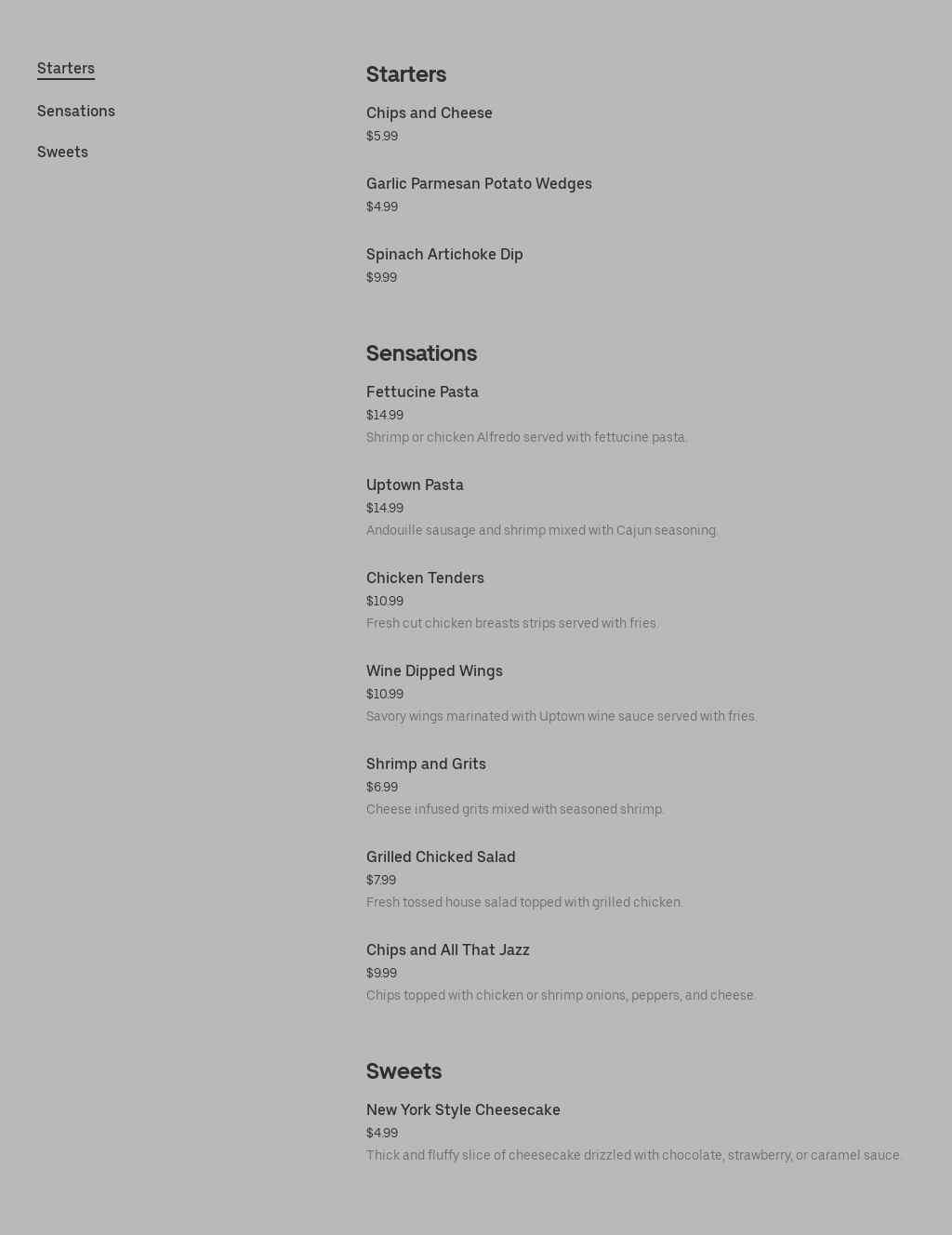 The Uptown Jazz Club Menu