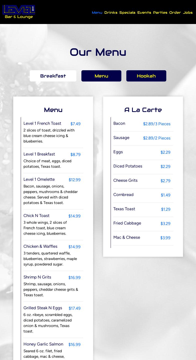 Level 1 Bar and Lounge Menu