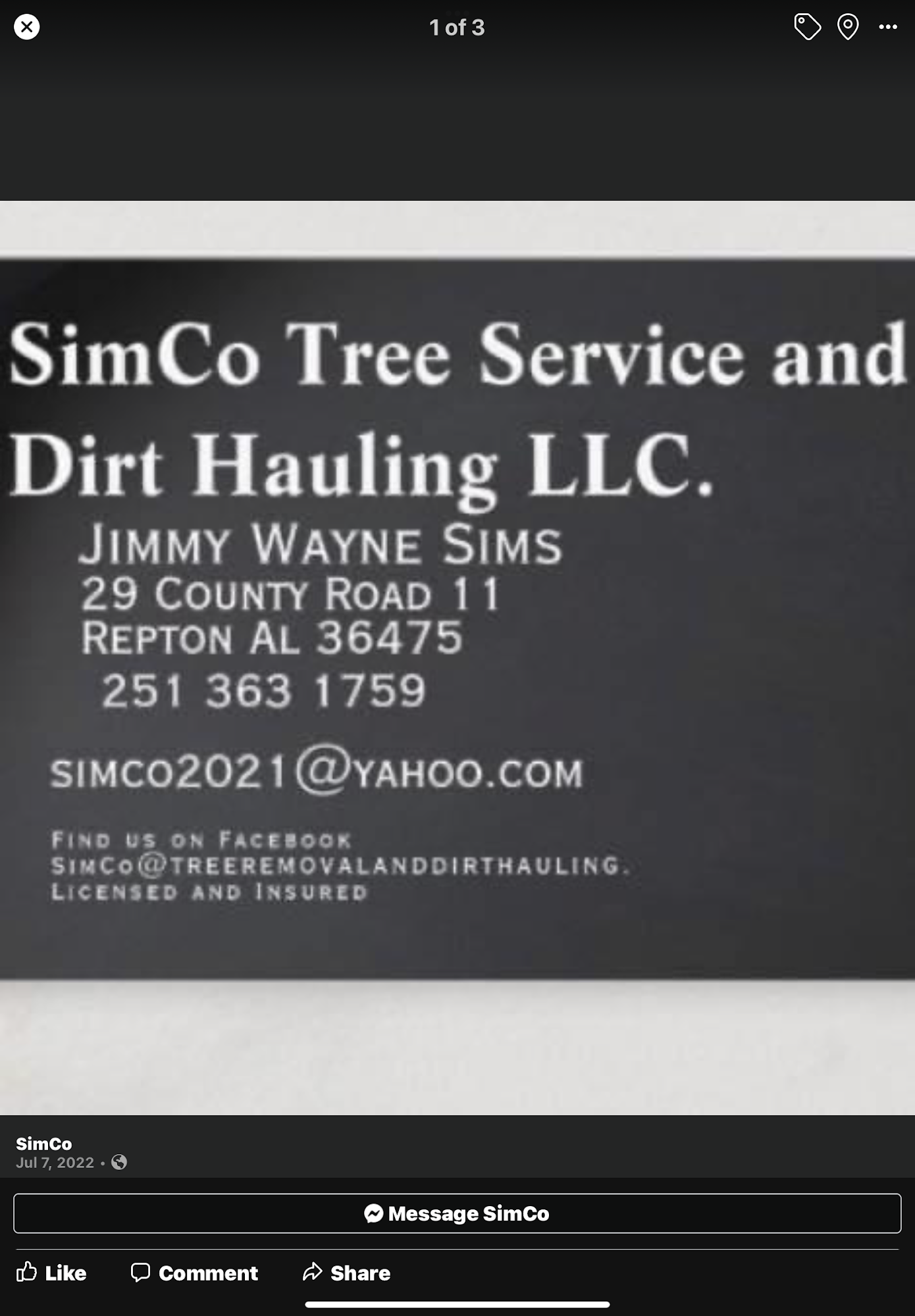 SimCo Tree Service and Dirt Hauling LLC. 29 Co Hwy 11, Repton Alabama 36475
