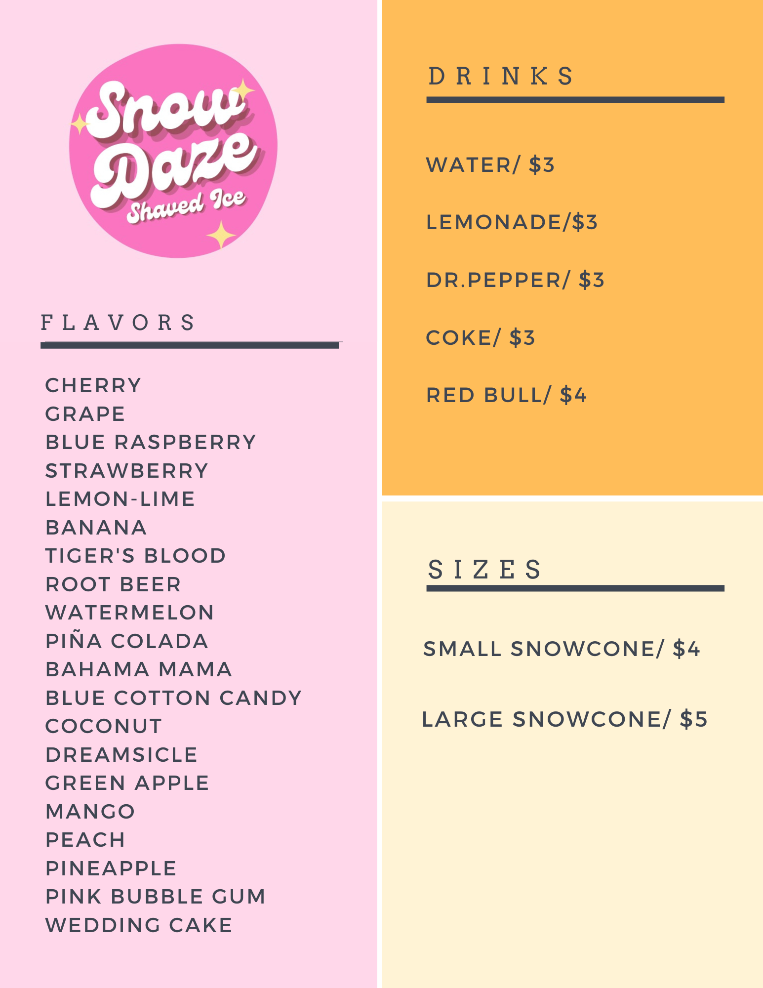 Snow Daze Menu