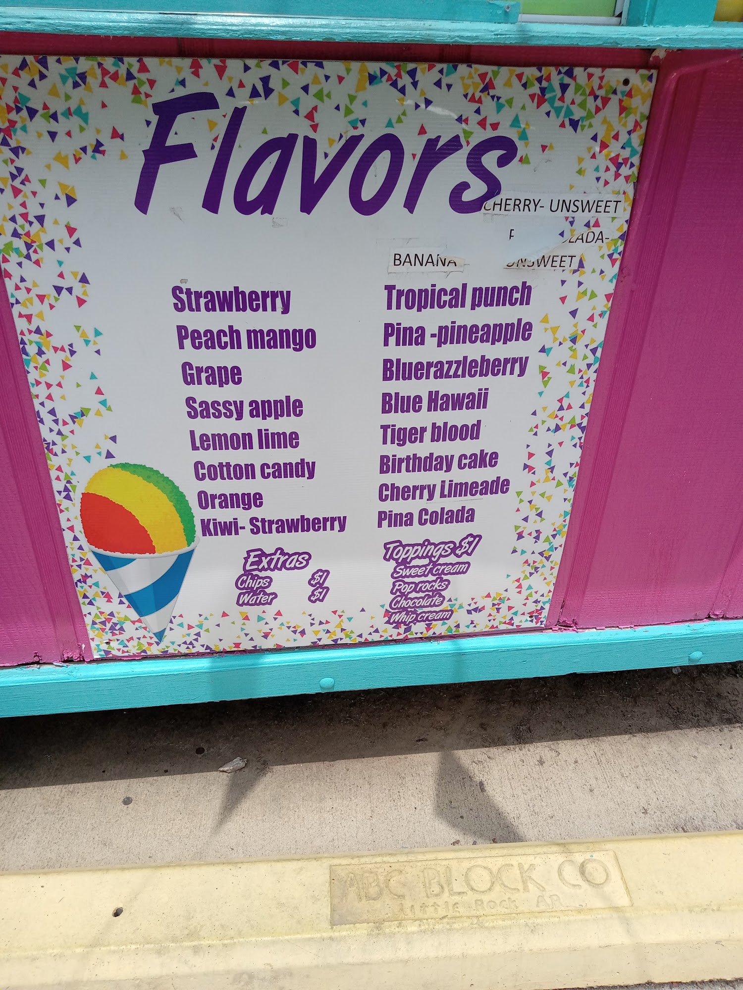 Brainfreeze Snowcones and Snacks Menu