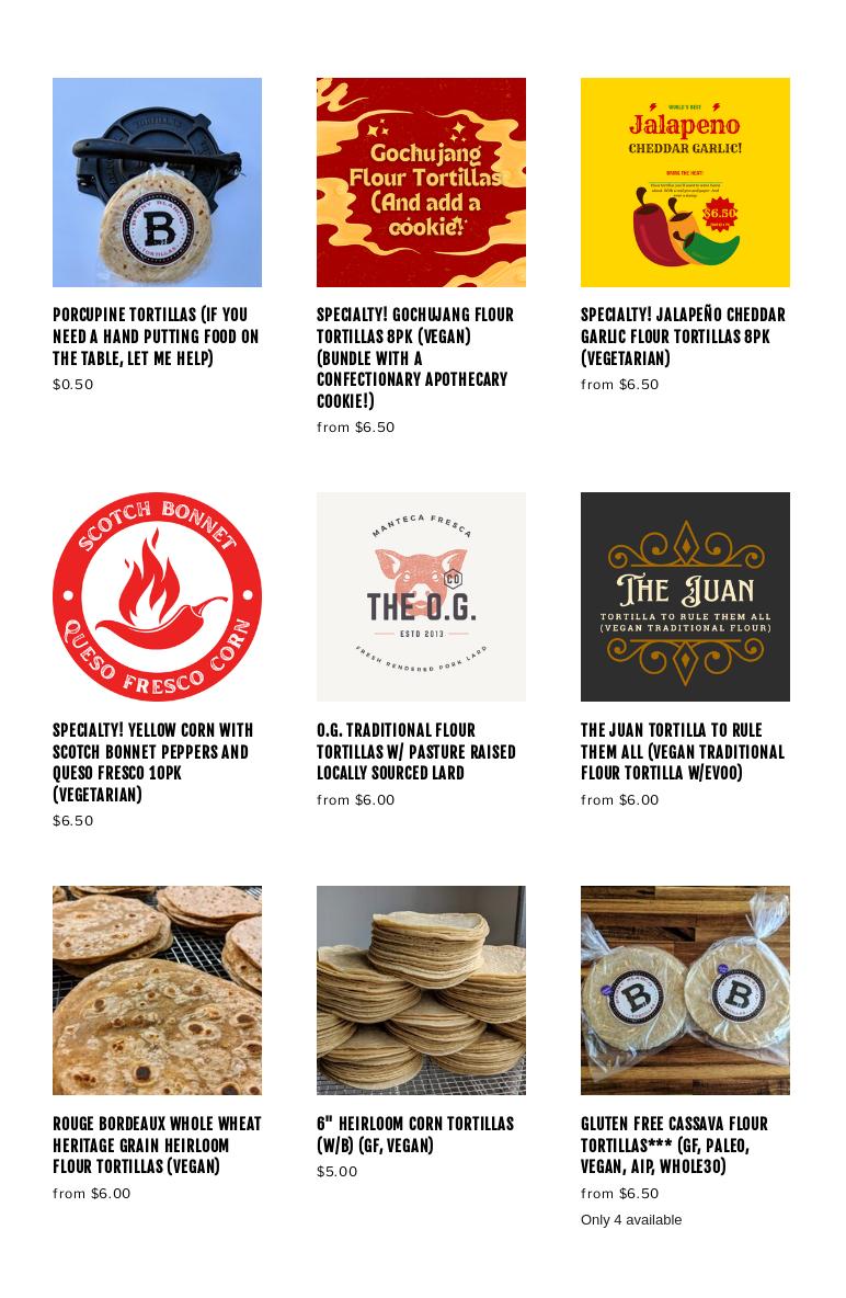 Benny Blanco Tortillas, LLC Menu