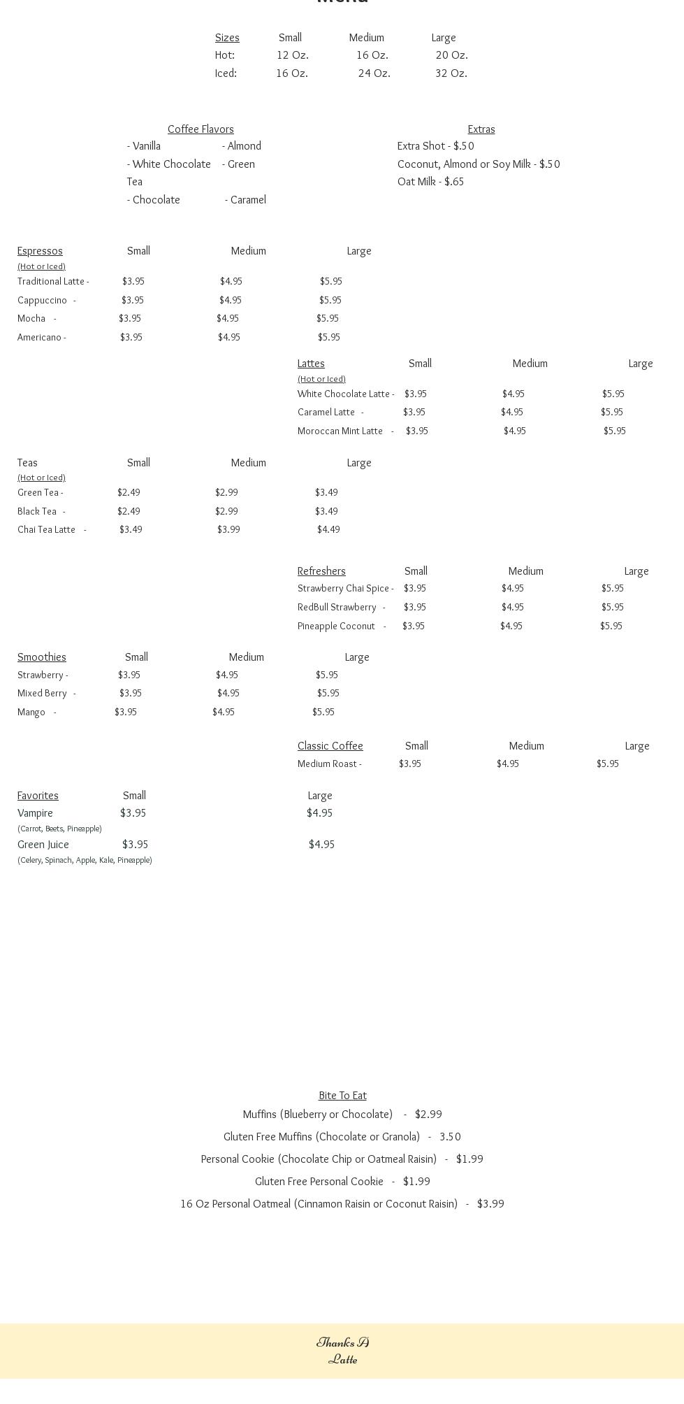 Thanks A Latte Coffee LLC. Menu