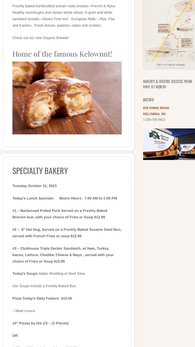Specialty Bakery Menu