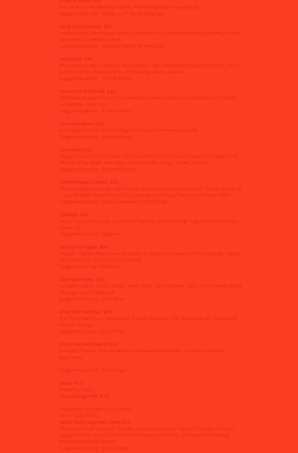 Serendipity Winery Menu