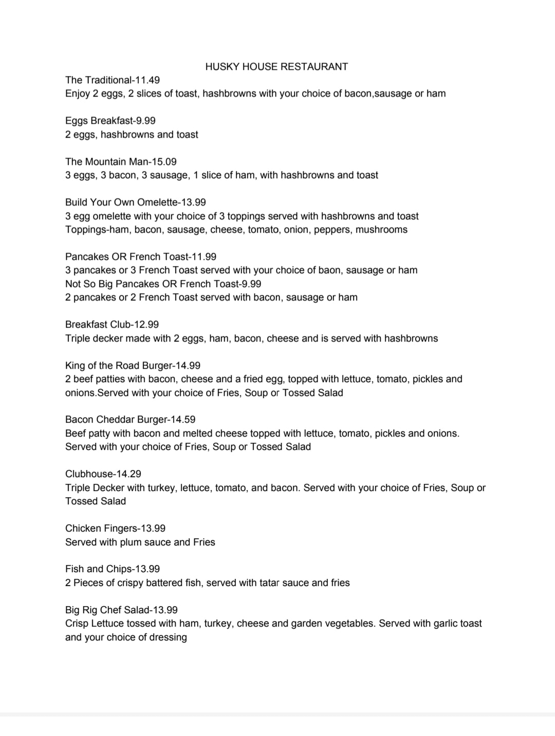 Roadhouse Restaurant Menu