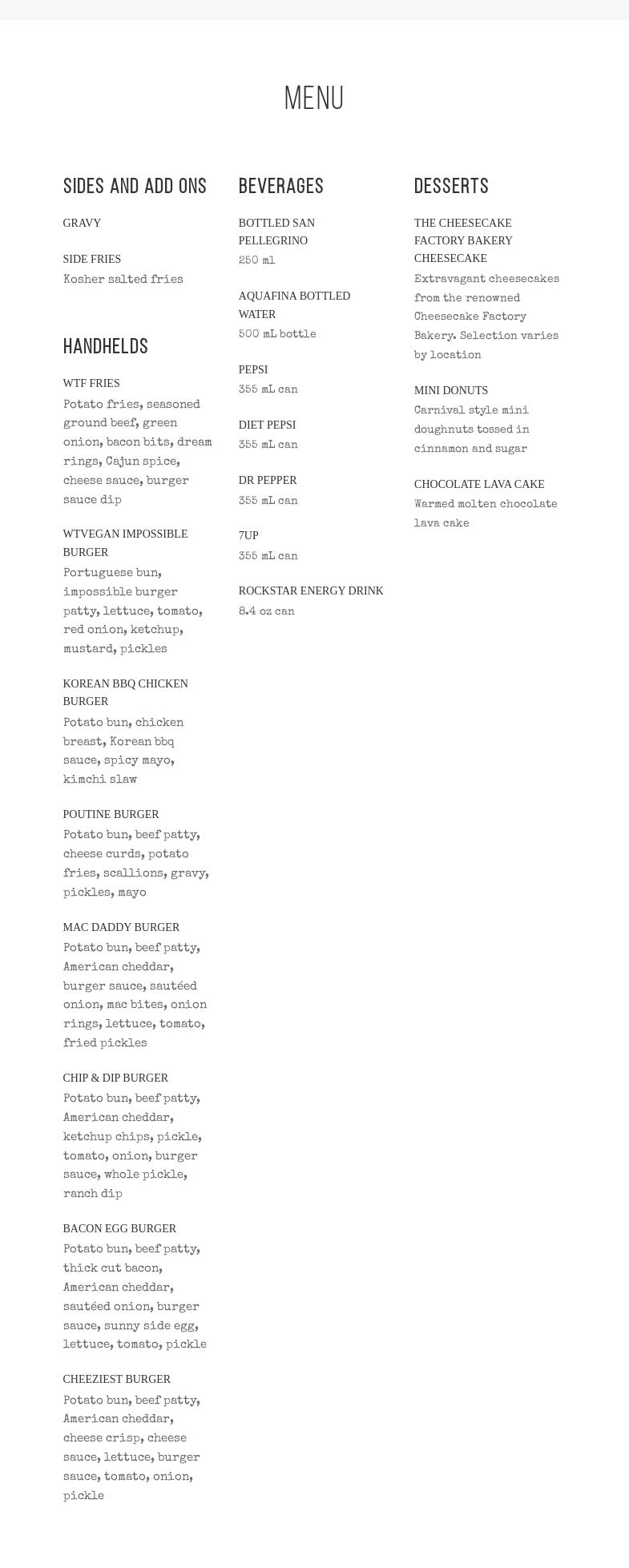 WTF Burger & Fries Menu