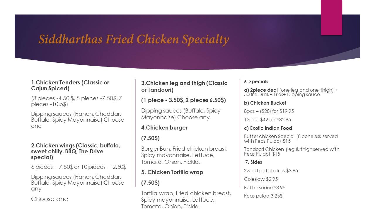 Sid's Fried Chicken Menu