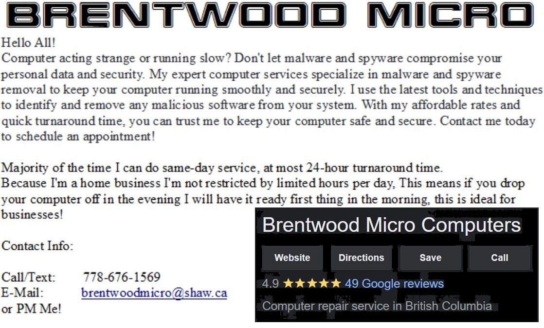 Brentwood Micro Computers 747 Old Pl Rd, Saanichton British Columbia V8M 0C3