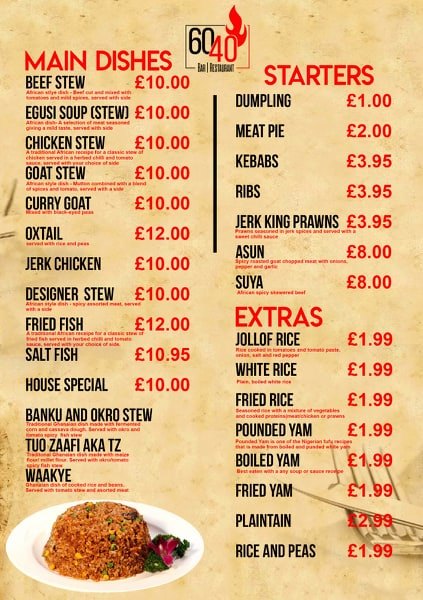 60/40 Bar & Restaurant Menu
