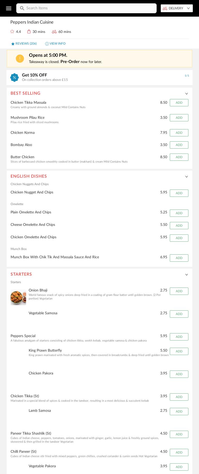 Peppers Indian Cuisine Menu