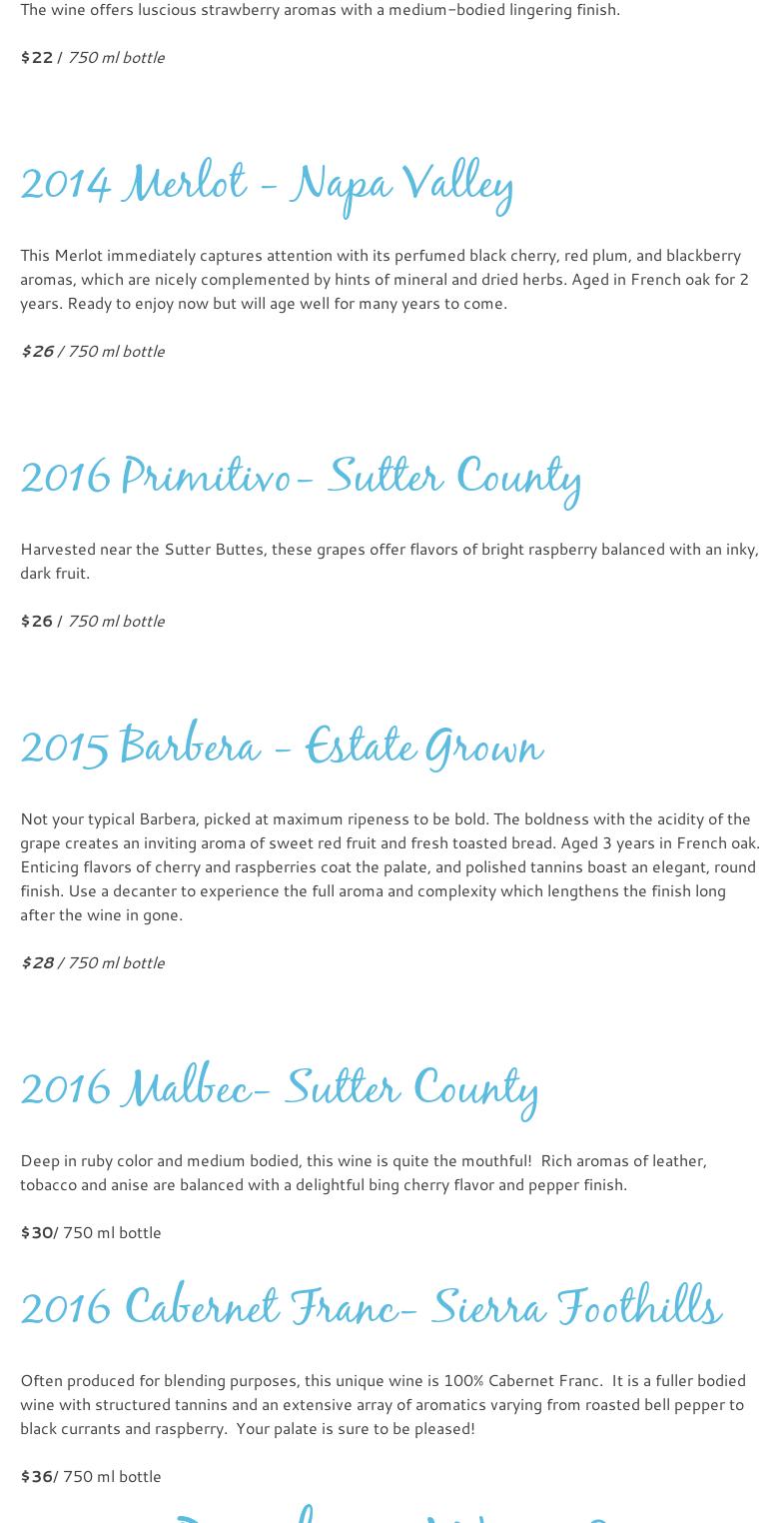 Nascere Vineyards Menu