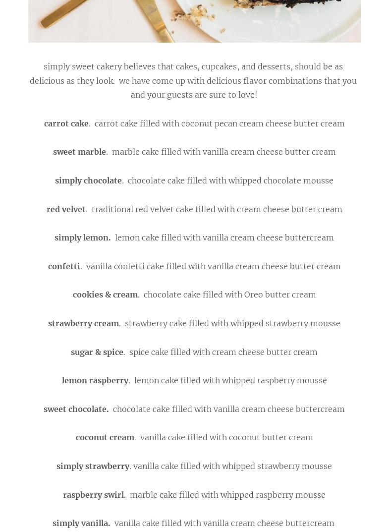 Simply Sweet Cakery Menu