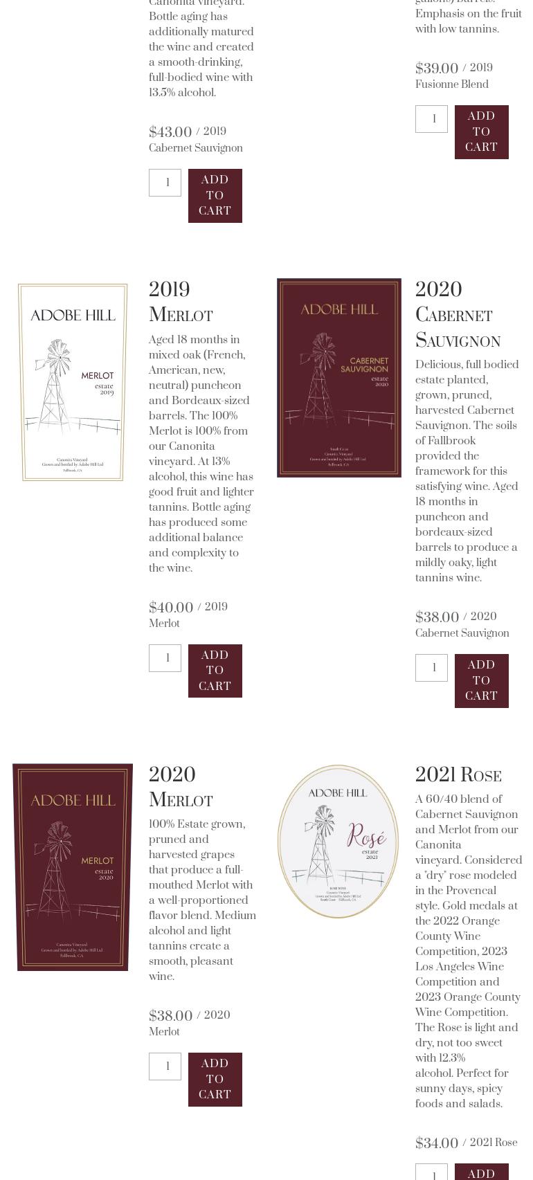 Adobe Hill Winery Menu