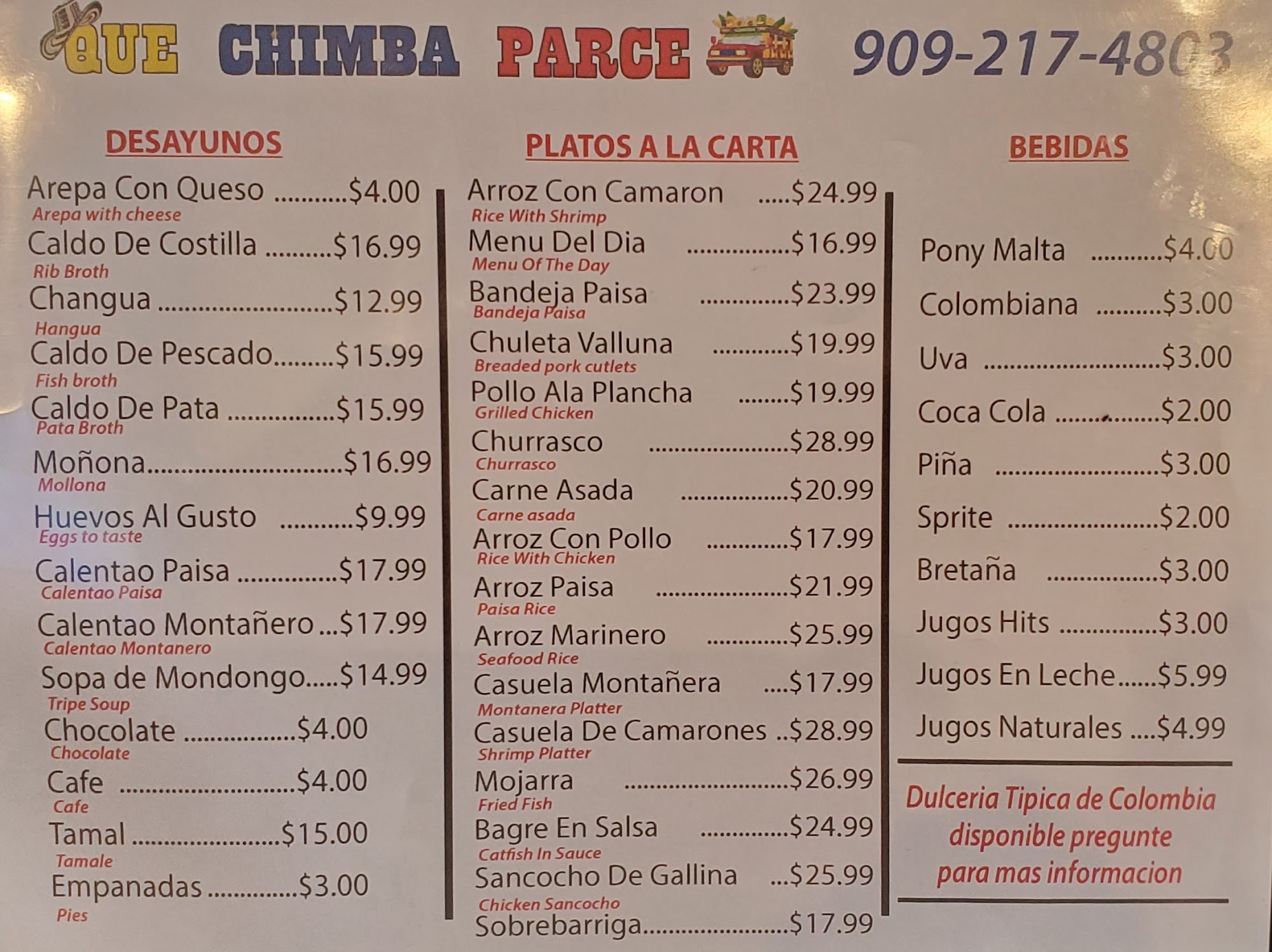 Que Chimba Parce Menu