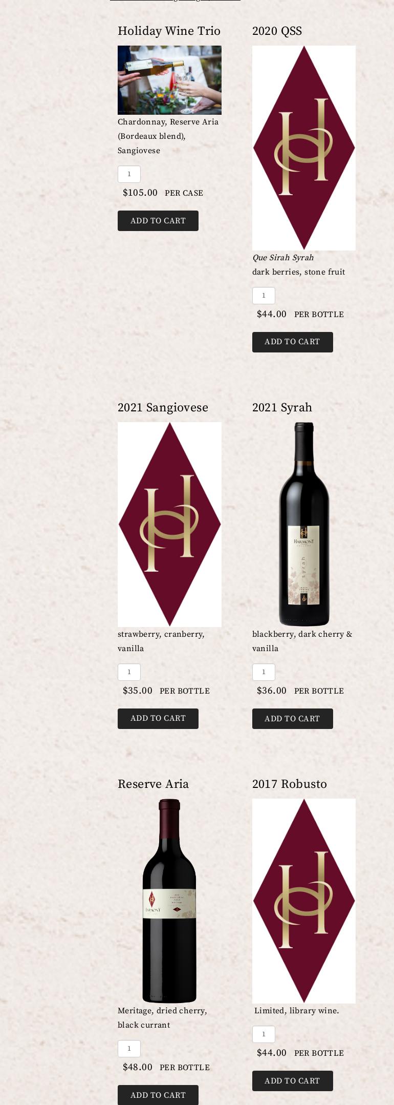 Harmony Cellars Menu