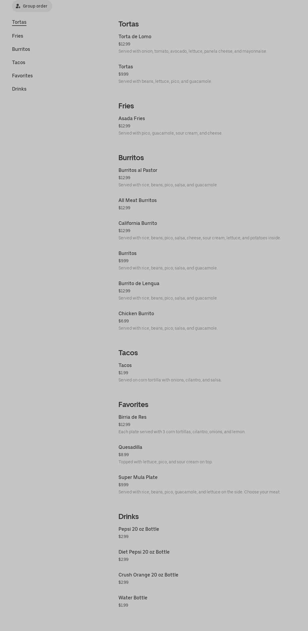 Martinez Meats Menu