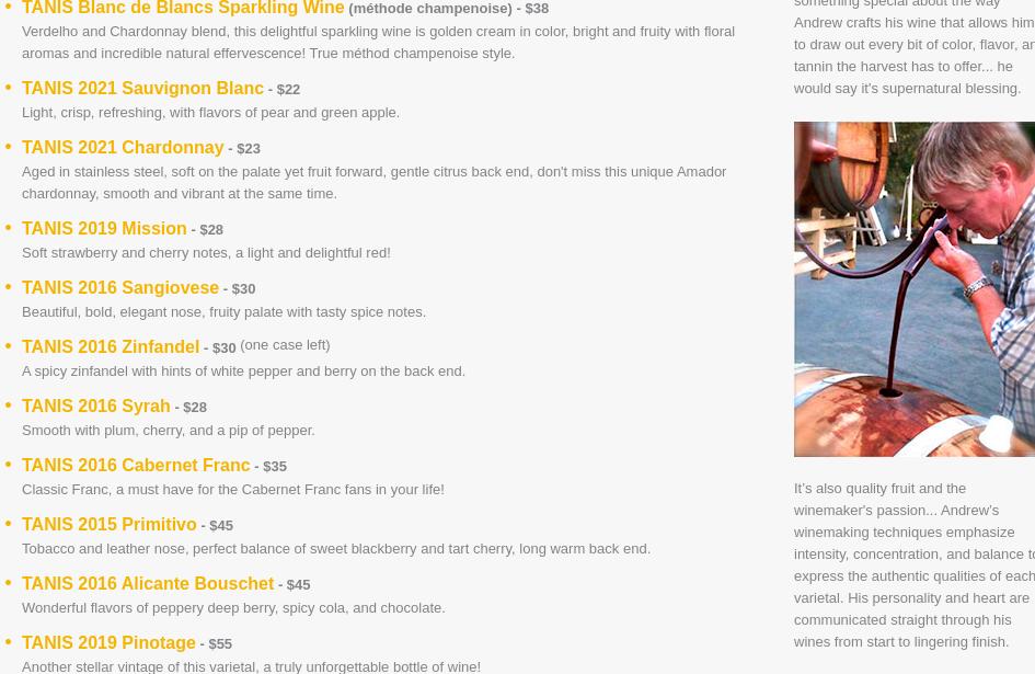 Tanis Vineyards Winery Menu