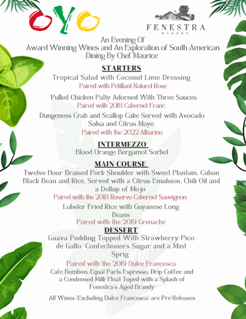 Fenestra Winery Menu
