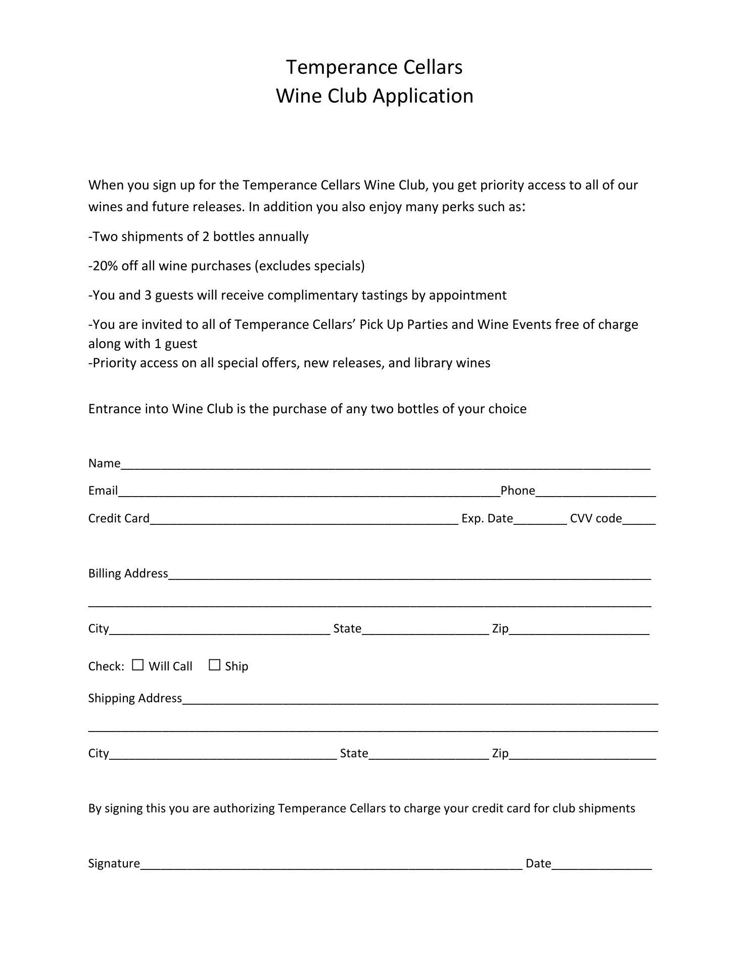 Temperance Cellars Menu