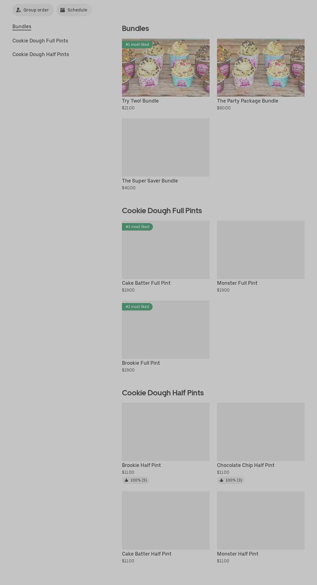 Scooped Cookie Dough Bar Menu