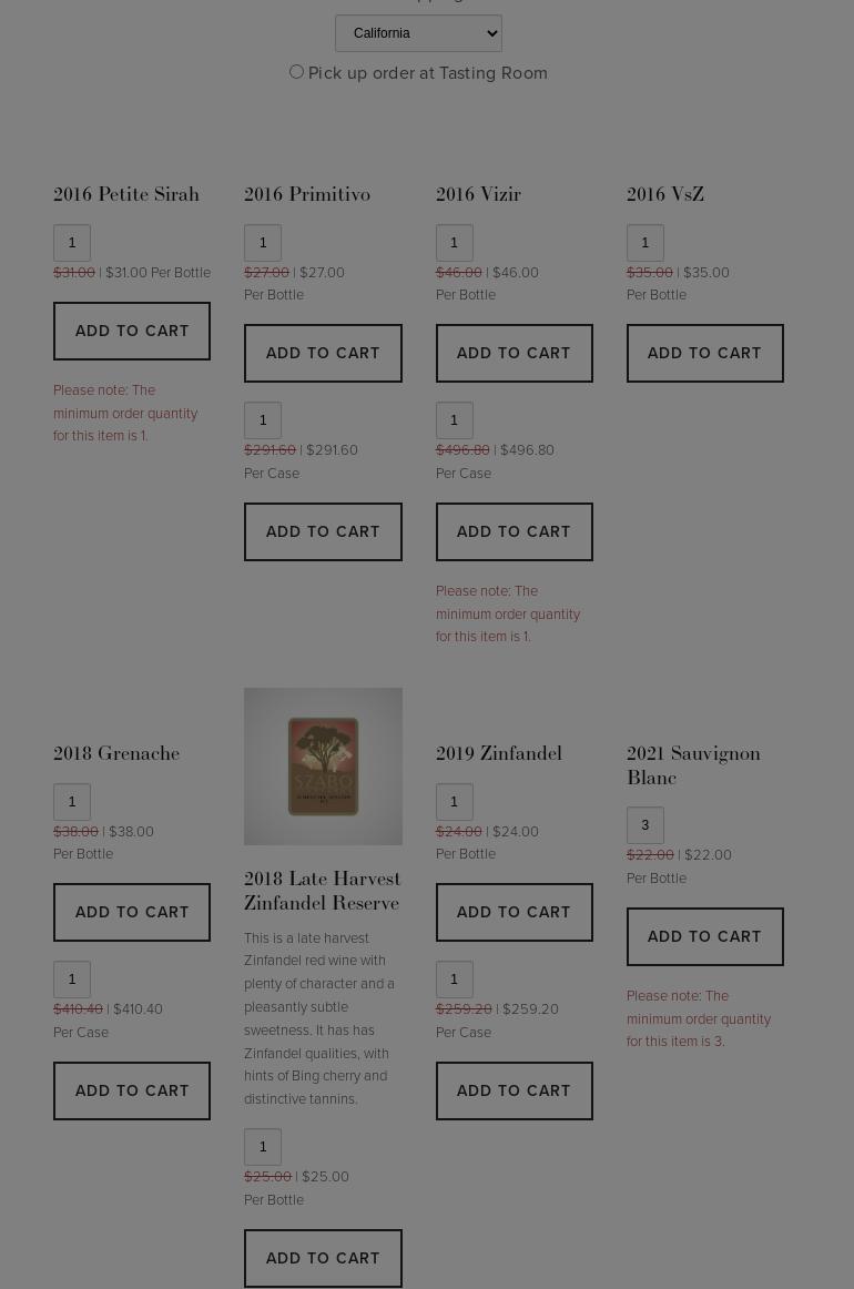 Szabo Vineyards | Tasting Room Menu