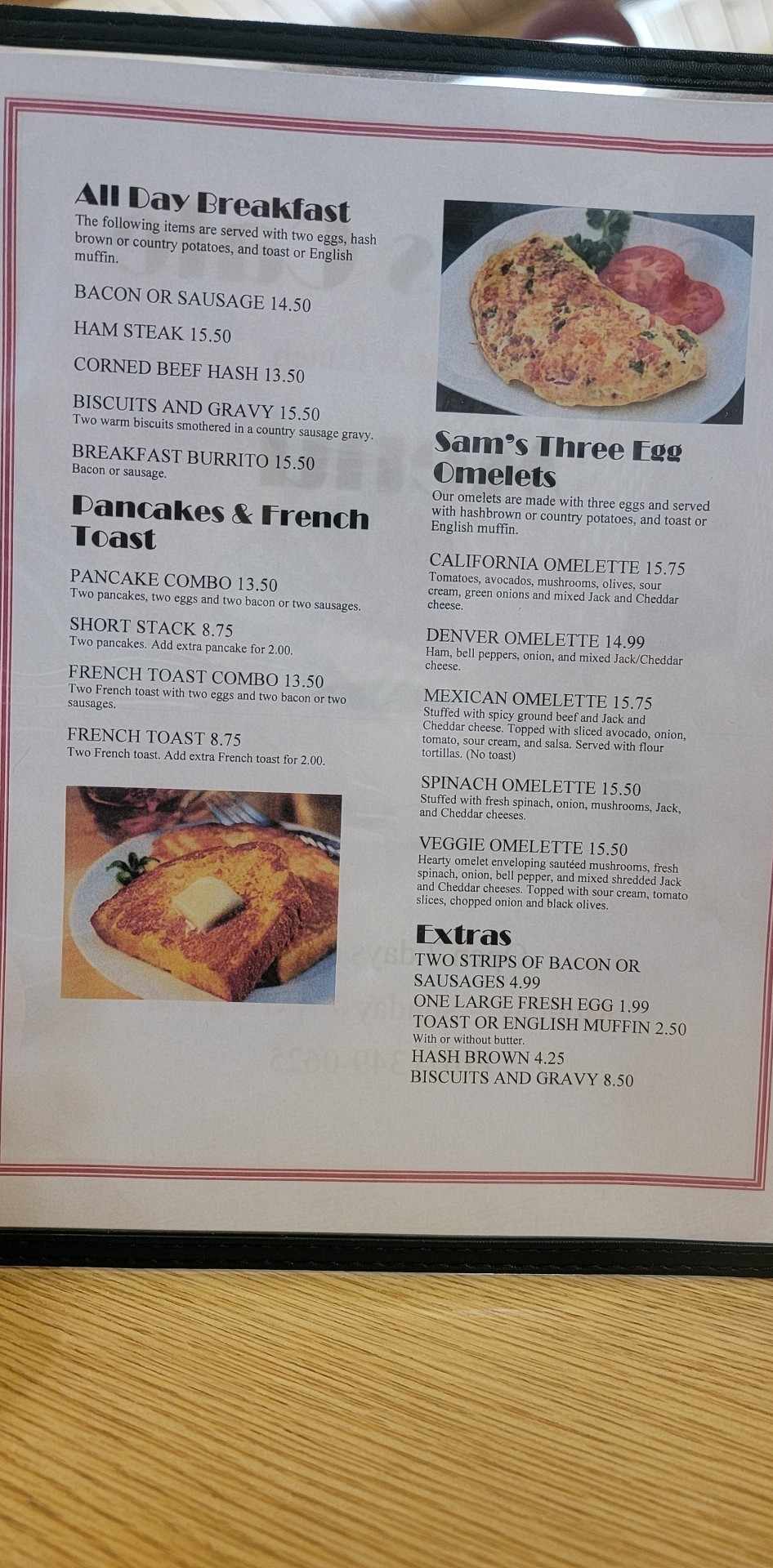 Sam's Café Menu
