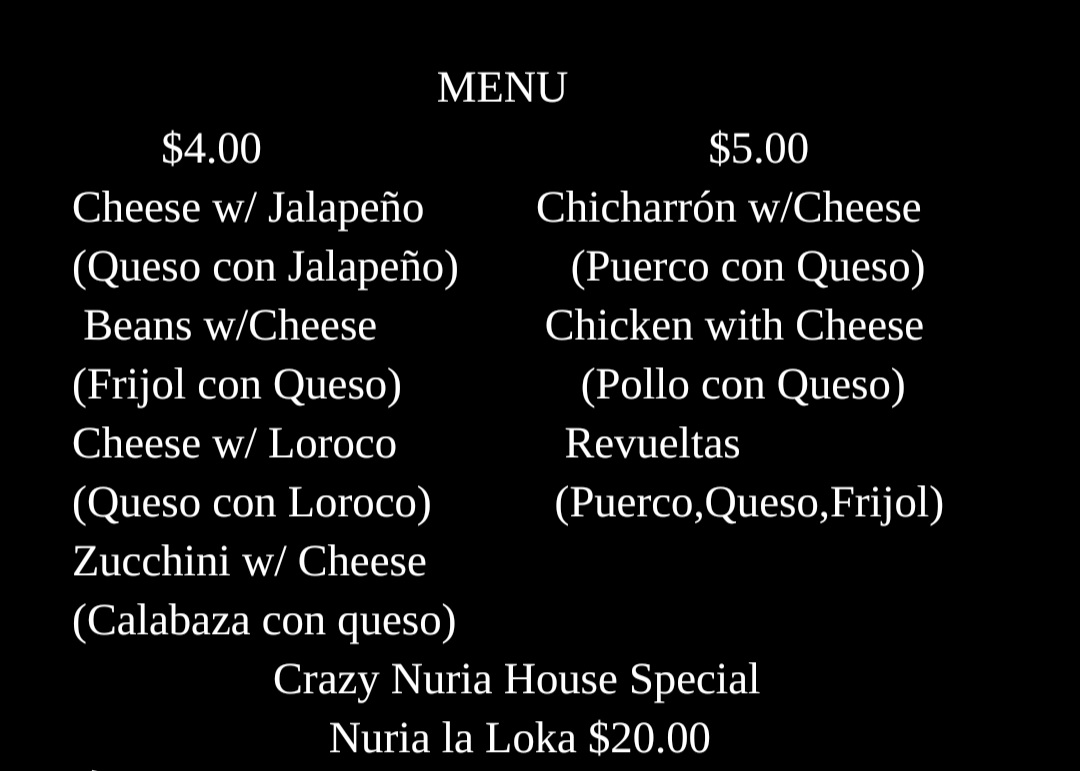 Crazy Pupusas Menu