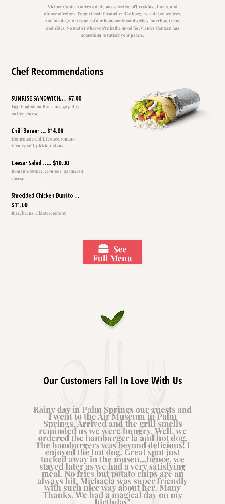 Victory Canteen Menu