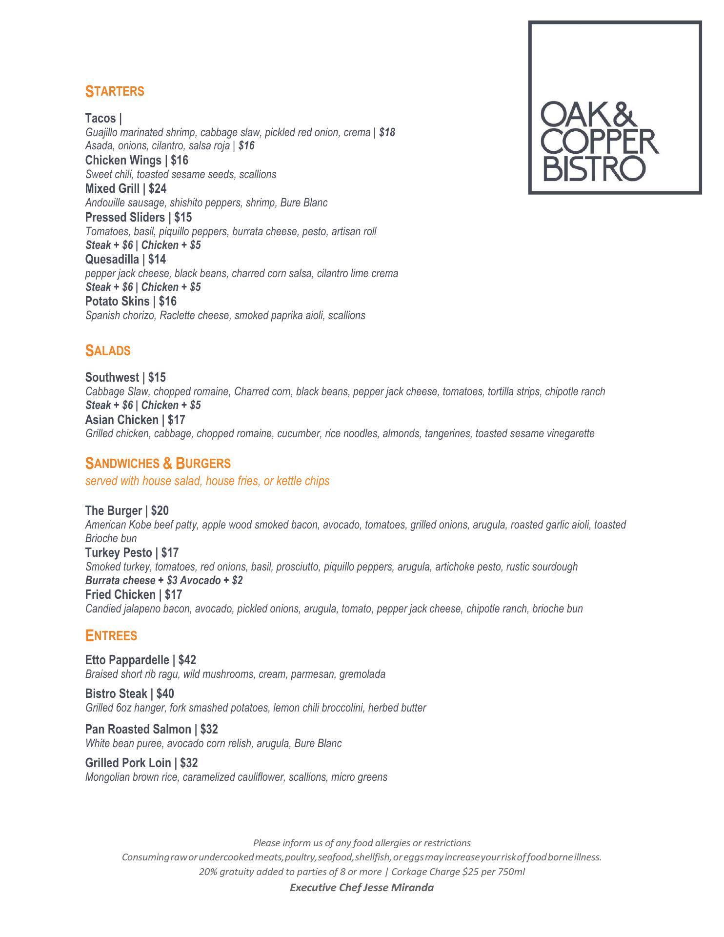 Oak & Copper Bistro Menu