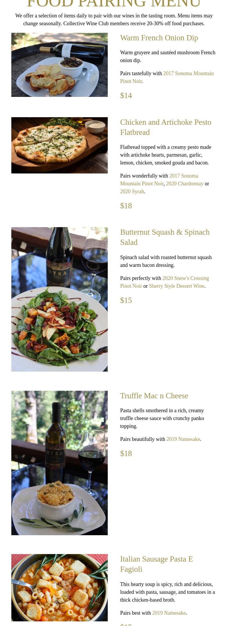 Myka Estates Menu