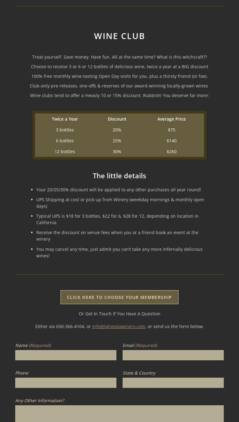 La Honda Winery Menu