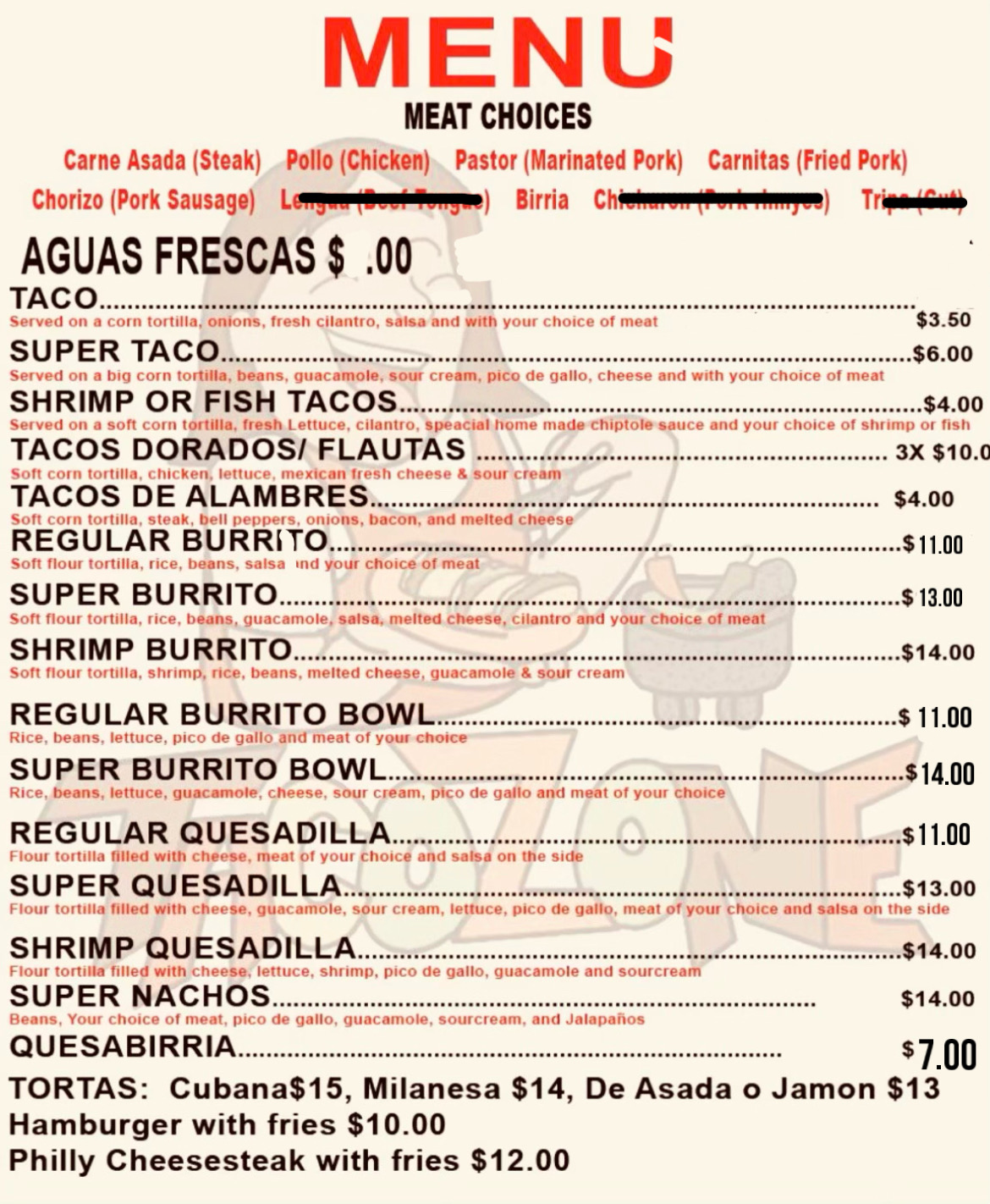 Taco Zone Menu