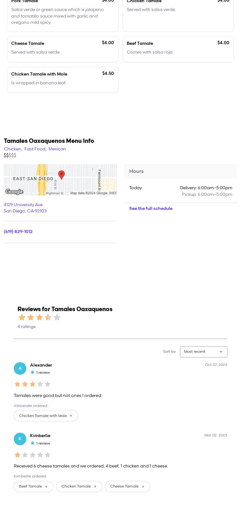 Tamales Oaxaquenos Menu