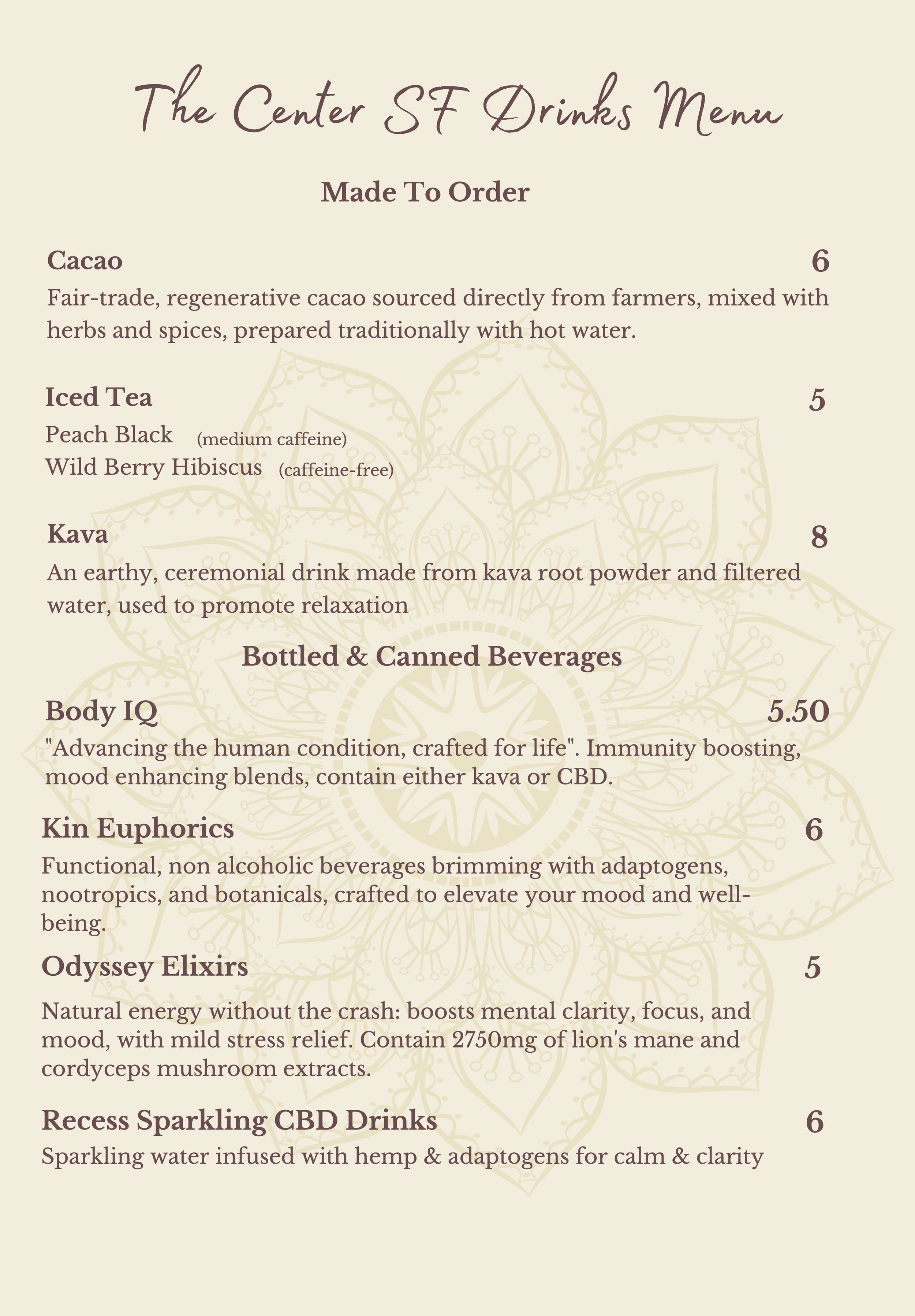 The Center SF Menu