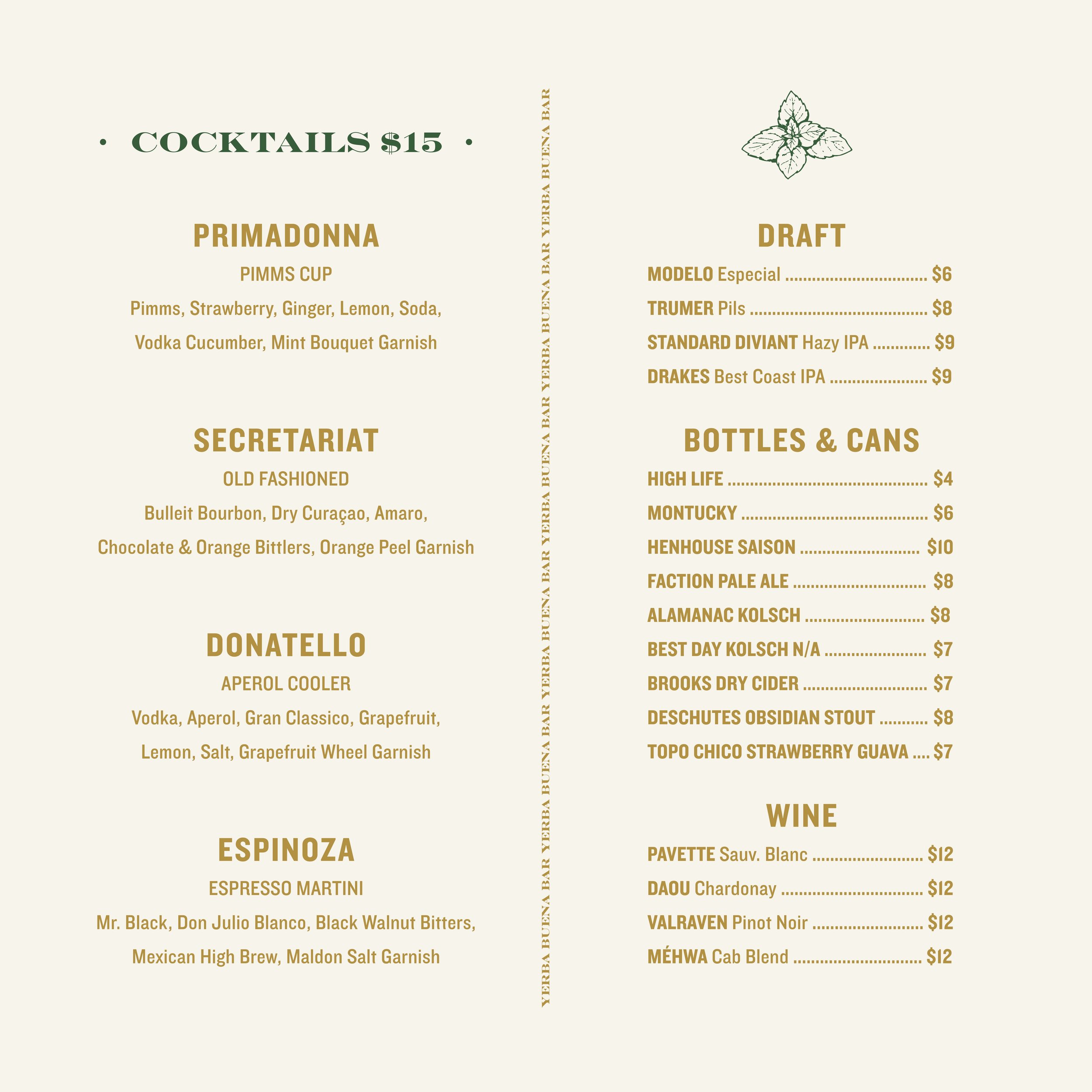 Yerba Buena Bar Menu