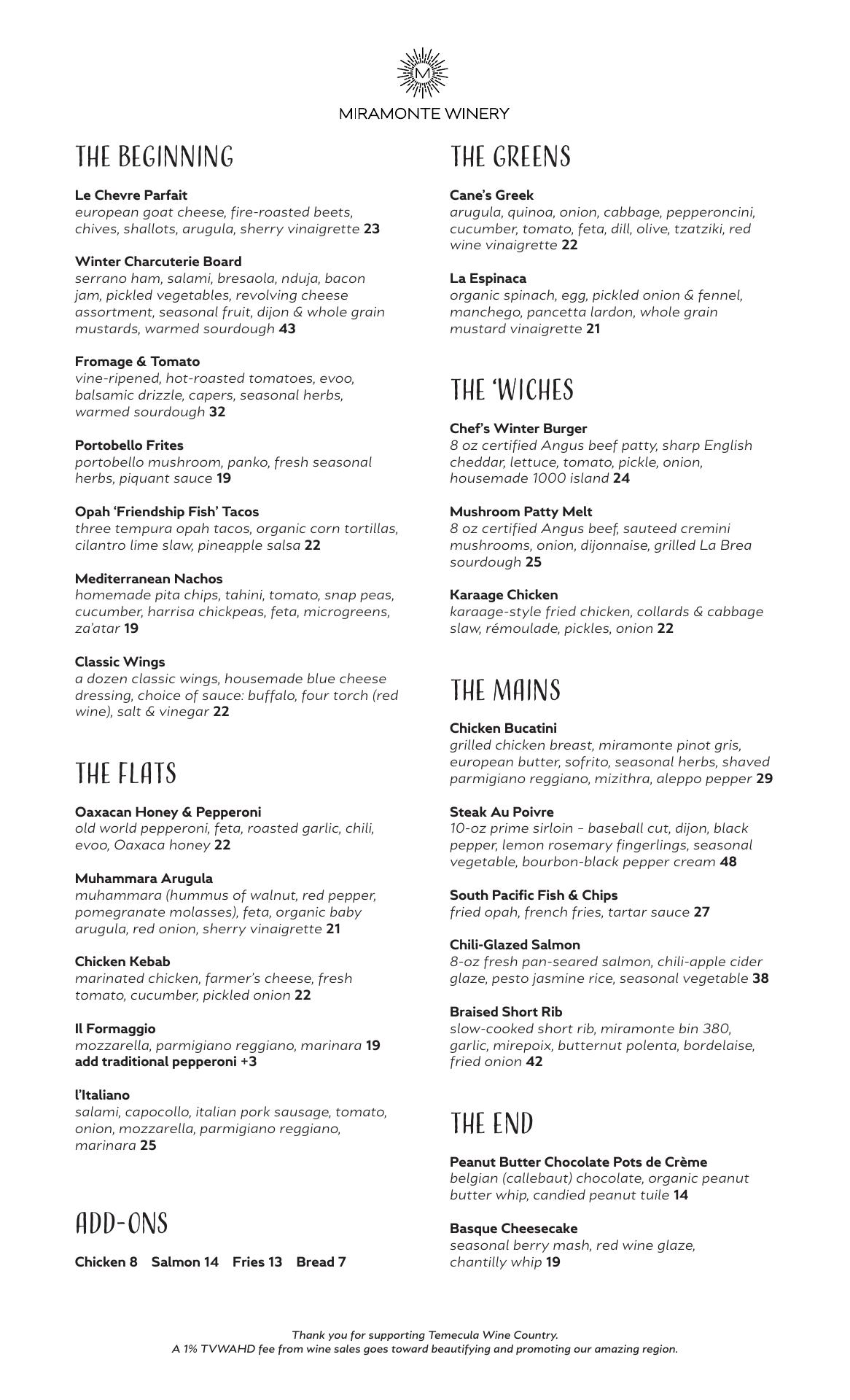Miramonte Winery Menu