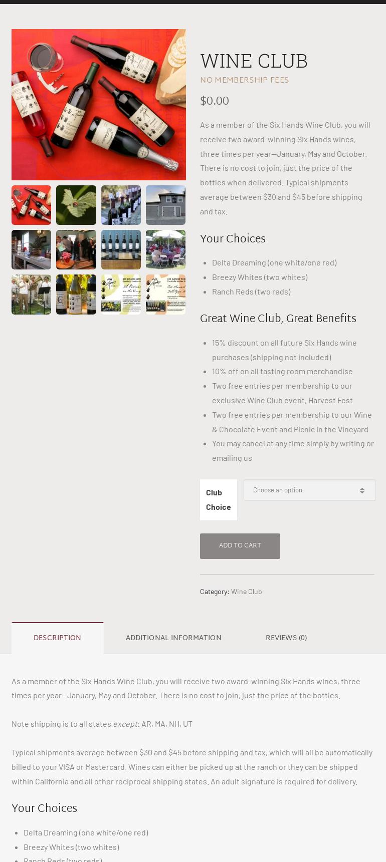 Six Hands Winery Menu