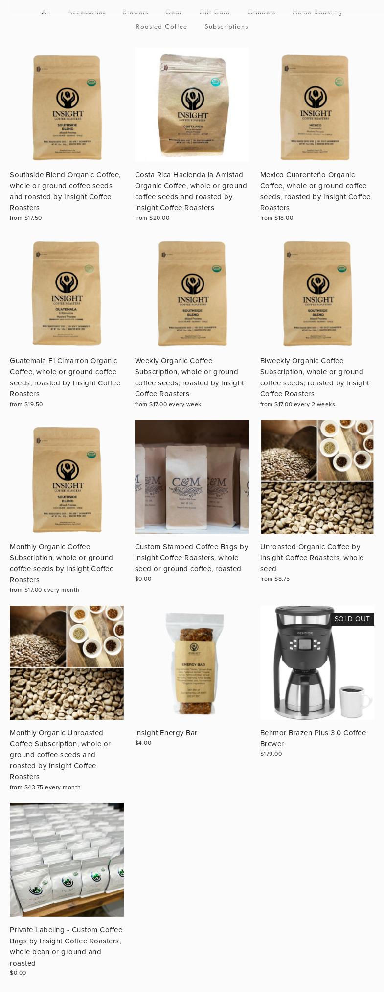 Insight Coffee Roasters - Wholesale Roastery Menu