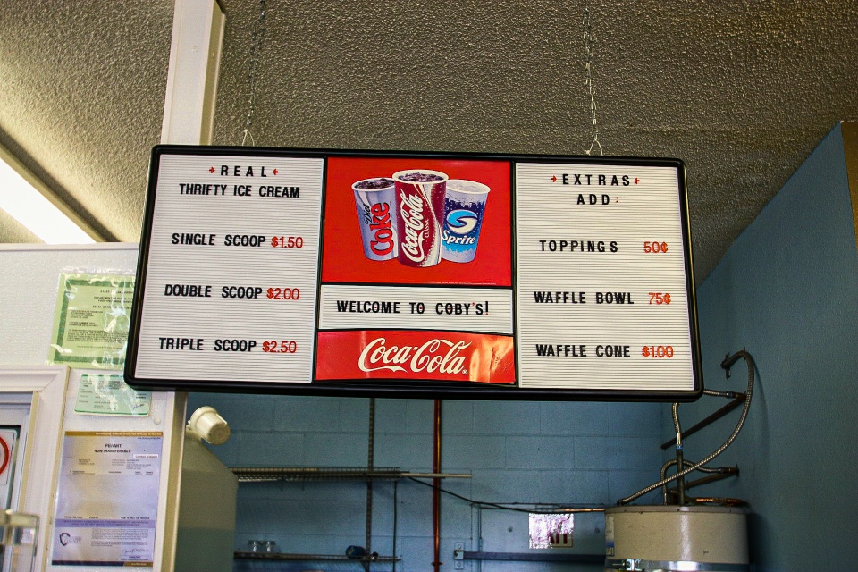 Coby's Water & Ice Cream Menu