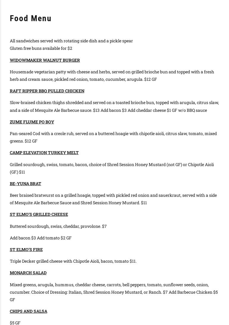 Browns Canyon Brewing Company Menu