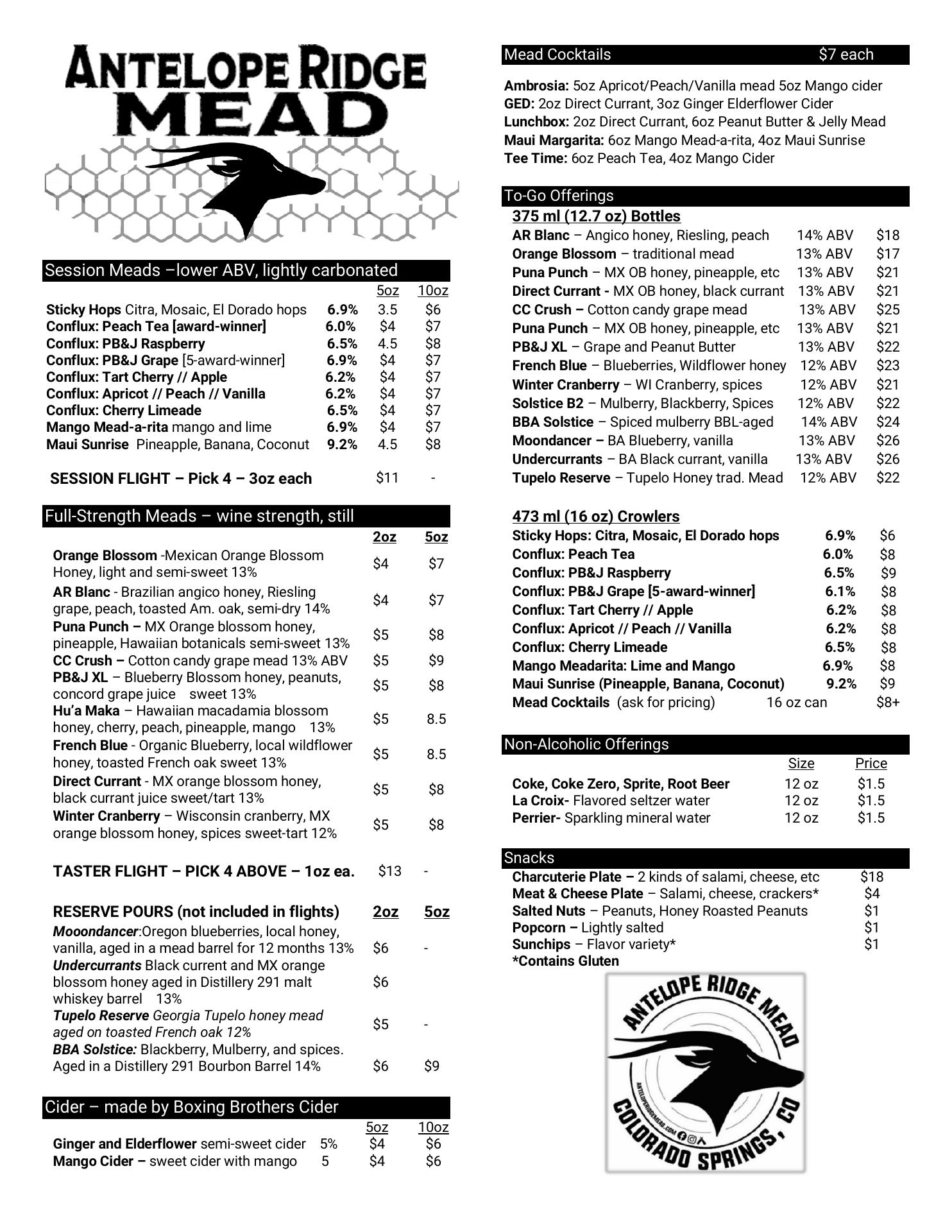 Antelope Ridge Mead Menu