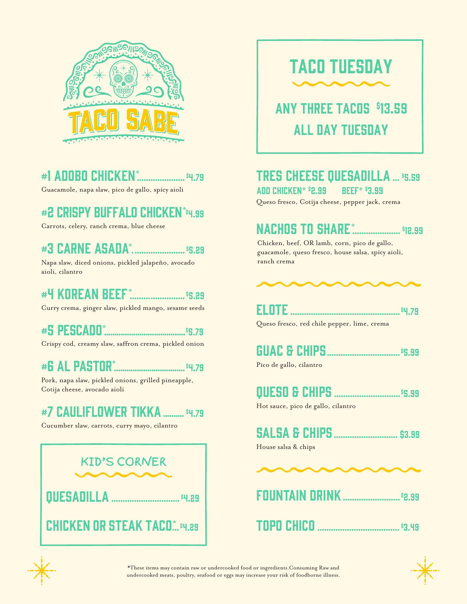 Taco Sabe Menu