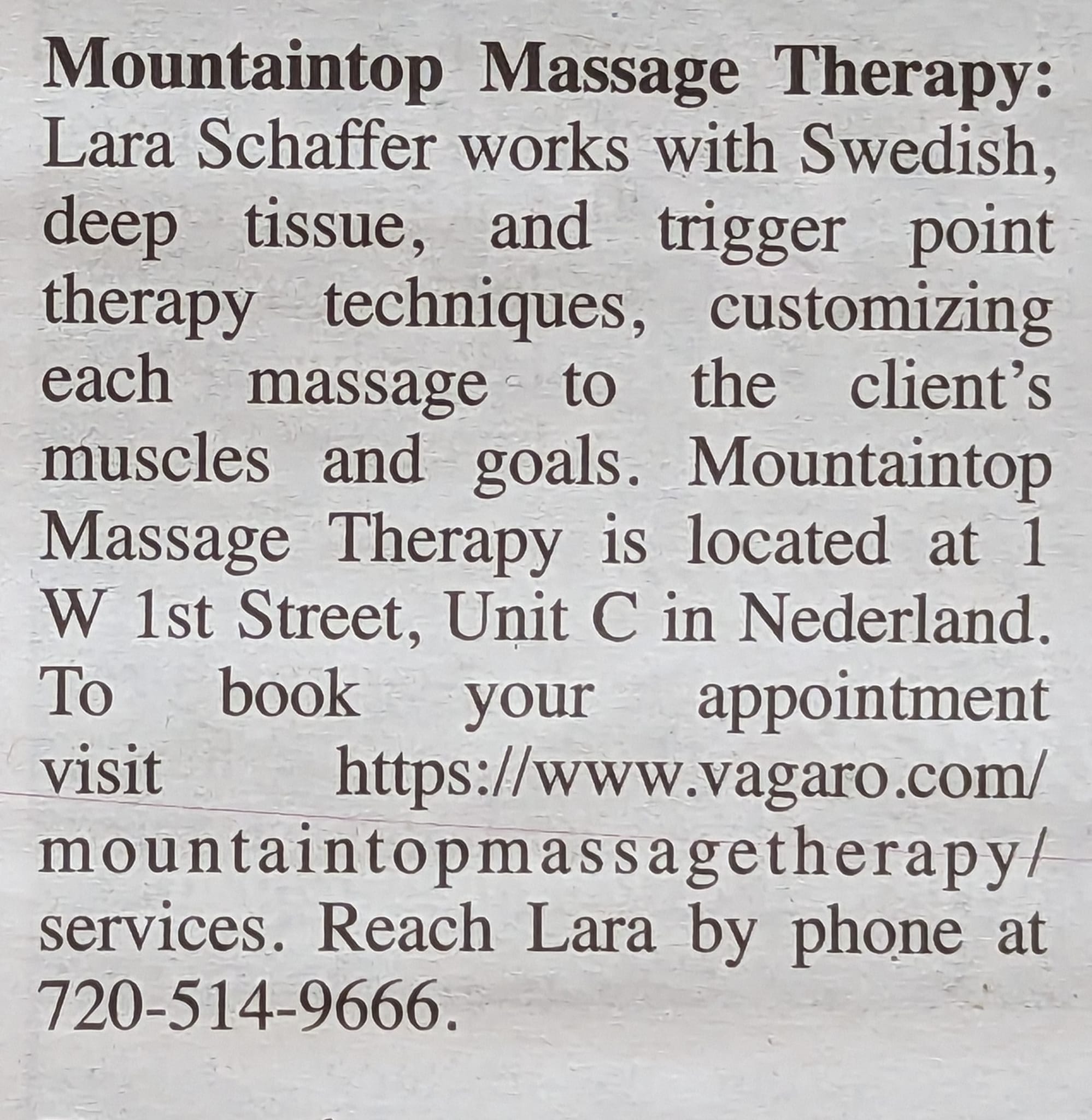 Mountaintop Massage Therapy 1 W 1st St #C, Nederland Colorado 80466