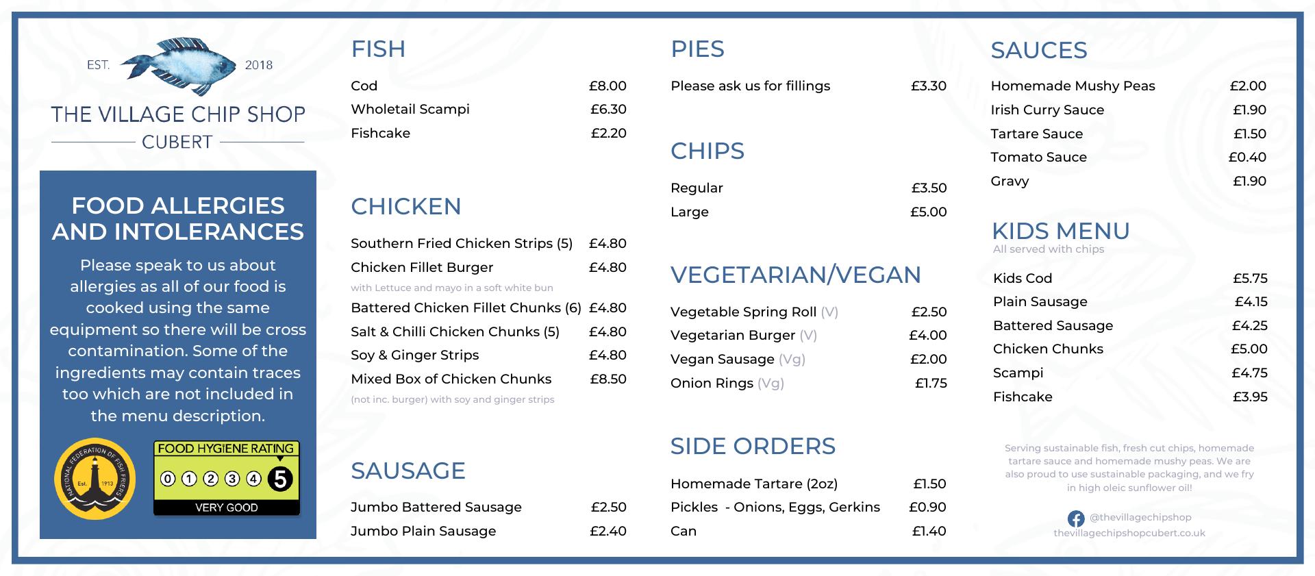 The Village Chip Shop Menu