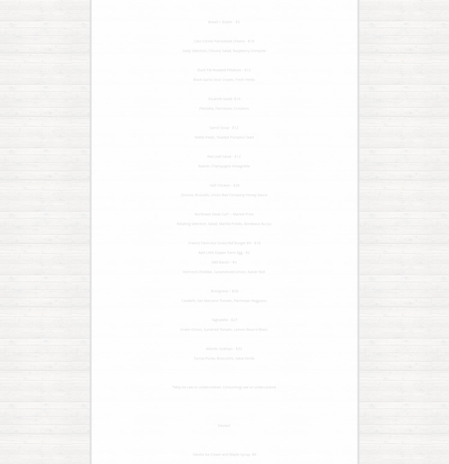 Chef's Table at Little Dipper Farm Menu